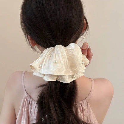High-End Super Fairy Imitation Pearl Mesh Headband with Pleated Texture Floral Hair Rope Ponytail Accessory