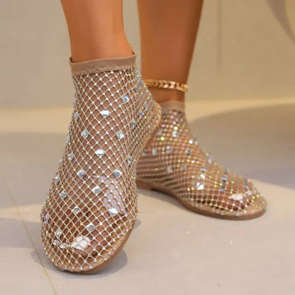 2026 Summer Women's New Luxury Sequin Bottom Hollow Short Boots Water Diamond Sexy Flat Bottom Fashion Banquet Flats Sandals﻿