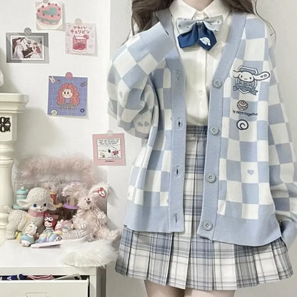 Anime Sanrioed Pompompurin Girls Cardigan Sweater Kawaii Kuromi Cinnamoroll Spring Autumn Knit Coat Loose Sweet Embroidery Tops