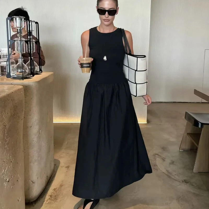 HXAO Womens Dresses Sleeveless Black Long Dress Bodycon Solid Knitted Dresses 2025 Woman Summer One Pieces Casual Midi Dresses