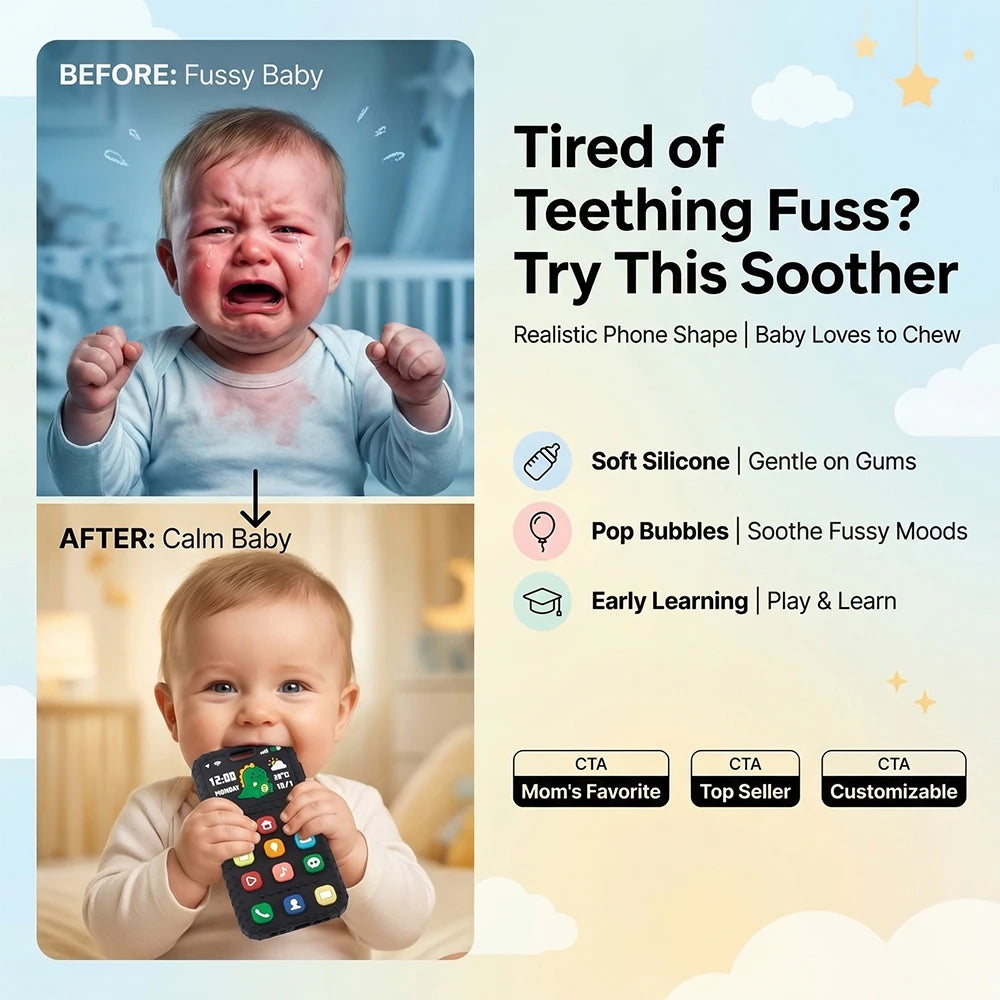 Baby Dinosaur Phone Teething Toy Food Grade Silicone Chew Molar Stick BPA Free Boilable Cute Toddler Teether Soothing Gum Relief
