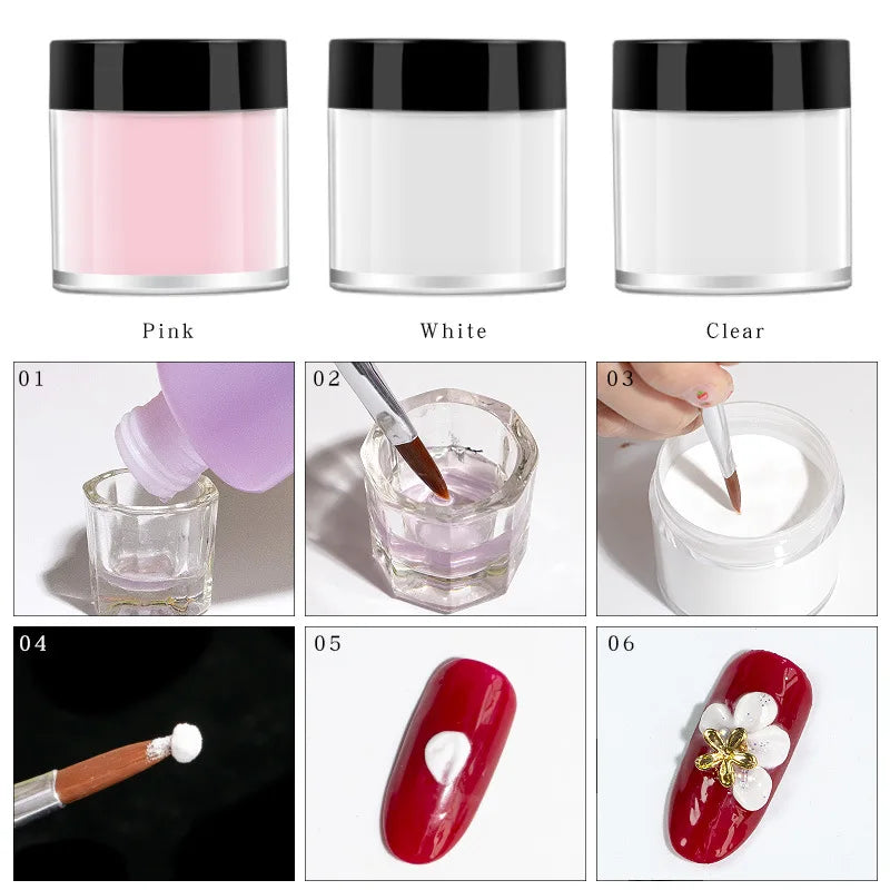 10g White Pink Clear Acrylic Powder for Nail Professional Acrylic Nail Powder Polymer for Carving Dip 3D French Nails Extension