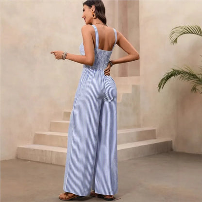 2026 new women's jumpsuit with elegant striped suspender comfortable hollow out fashionabl ev-neck sweet and versatile jumpsuit