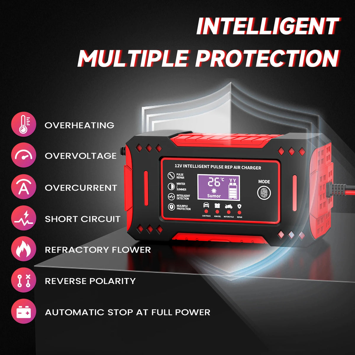 Chargeur de batterie de voiture intelligent 6A 12V avec écran LCD, unité de charge pour batteries de voiture et de moto, batterie au plomb-acide