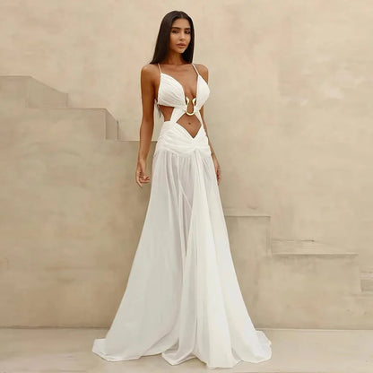 Sexy Hollow Out Party Dress Sleeveless Backless Mesh Maxi Female Evening Dresses 2025 Spring Summer Club Beach Slip Lady Robe