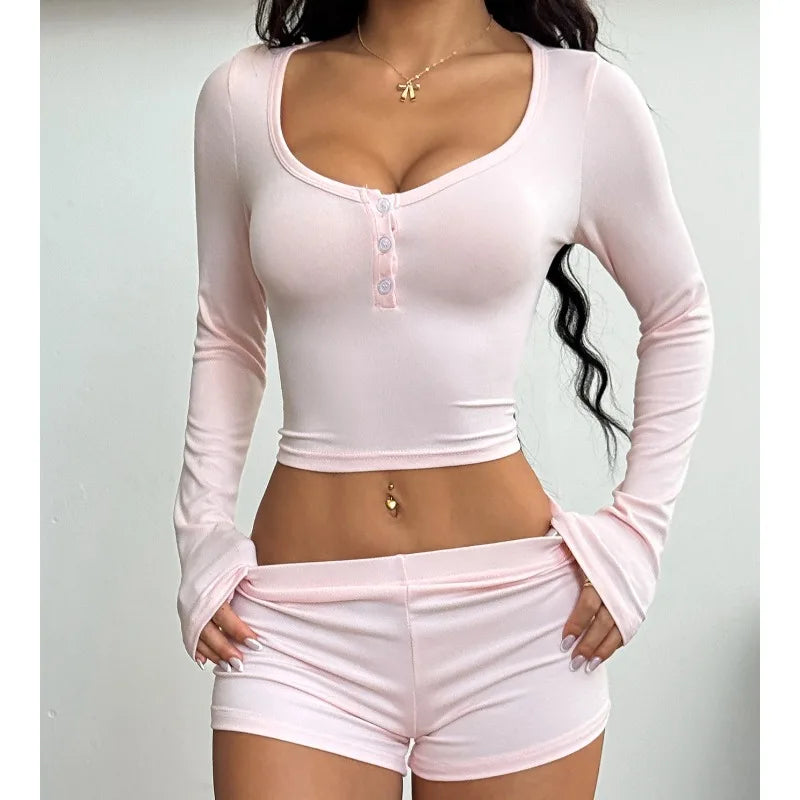 Women's Matching Sets 2 Piece Pajamas V Neck Button Down Cropped Tops Sexy Y2k Bodycon Shorts Loungwear Clothes Drop Shipper