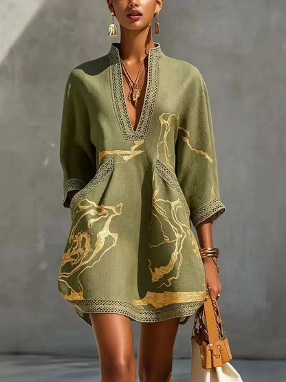 B Elegant Mini Dress for Women Fashion Lace Trim V Neck Abstract Print 3/4 Sleeve Pocket Dress Casual Commuting Vacation Dresses