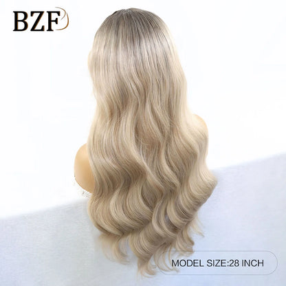 28 Inch Blonde Highlight Synthetic Lace Front Wigs Glueless Heat Resistant