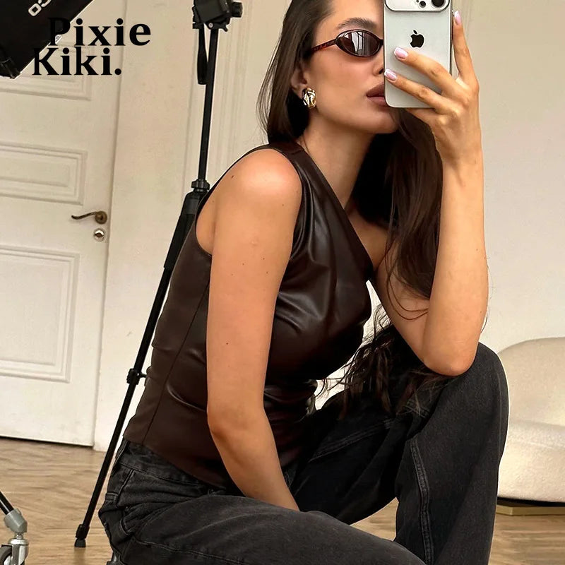 PixieKiki Fashion T-shirts sans manches en cuir synthétique, fermeture éclair latérale, hauts asymétriques à une épaule, vêtements pour femmes automne 2024 C85-CA12