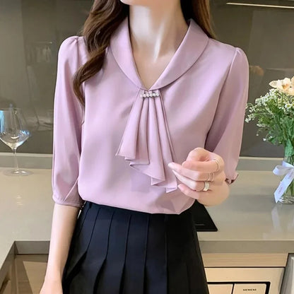 Blouses chemises d'été pour femmes, élégantes, style bureau, OL, manches courtes, col lavallière, couleur rose
