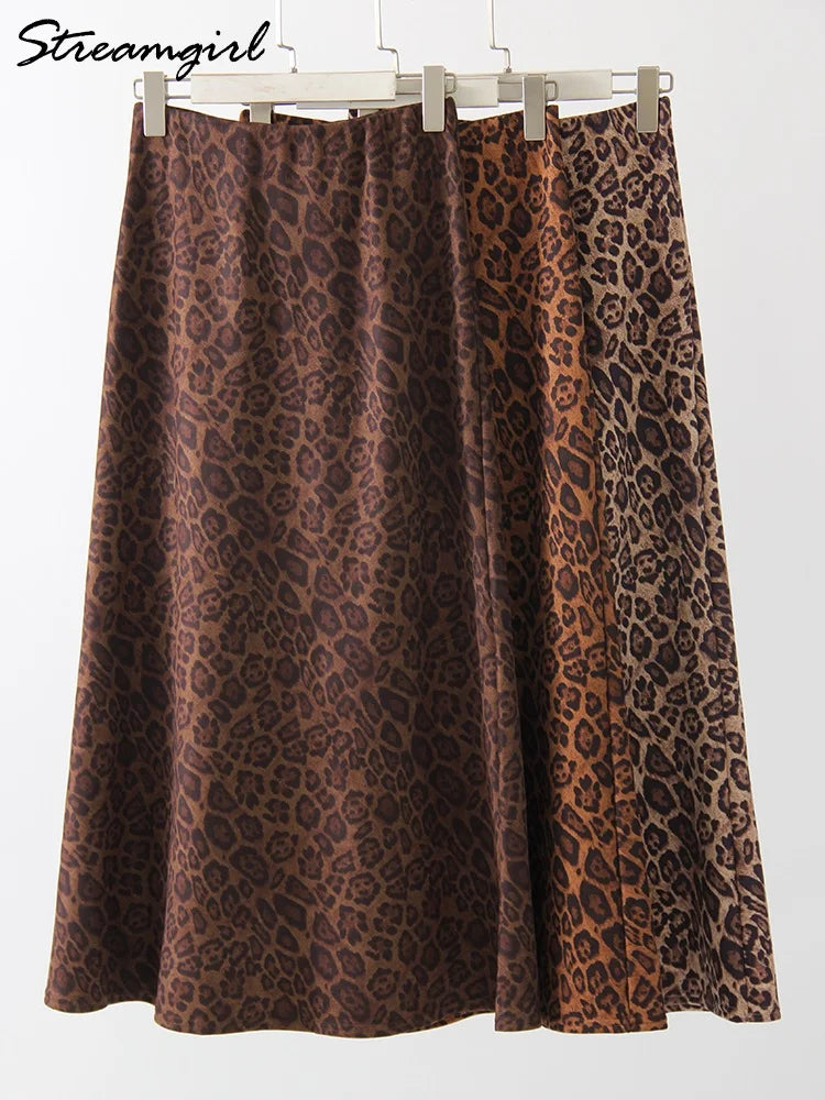 Jupe longue en daim imprimé léopard pour femme - Jupe longue trapèze marron vintage pour femme - Jupes longues en daim chaudes léopard pour l'hiver