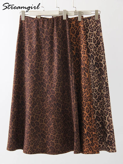 Jupe longue en daim imprimé léopard pour femme - Jupe longue trapèze marron vintage pour femme - Jupes longues en daim chaudes léopard pour l'hiver