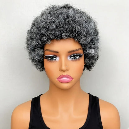 Grey Human Hair Wig for Women Short Curly Bangs Wig Mom/Grandmother Daily Use 6 Inch Bouncy Curly Wigs Full Machine Made Wigs