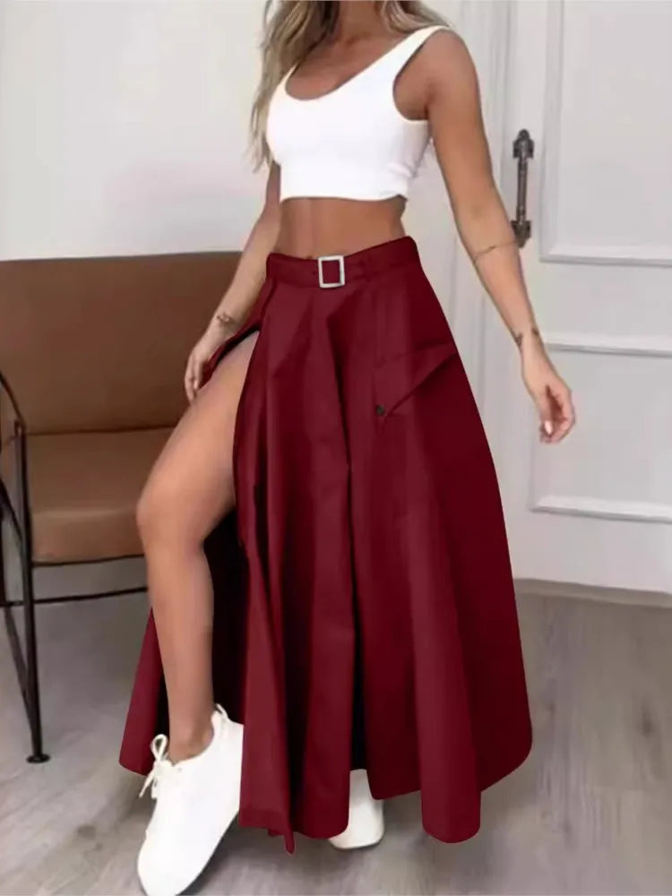Women Fashion Solid Casual High Waist Skirt Set Summer White Tank Zipper Decoration With Belts Pockets High Slit Maxi Skirt Sets