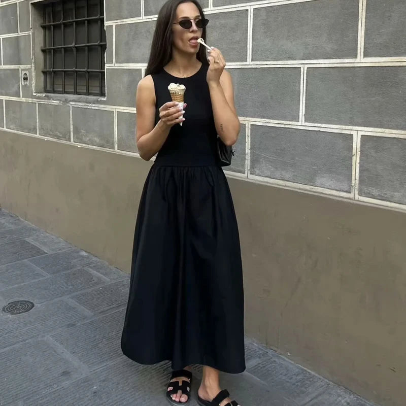 HXAO Womens Dresses Sleeveless Black Long Dress Bodycon Solid Knitted Dresses 2025 Woman Summer One Pieces Casual Midi Dresses