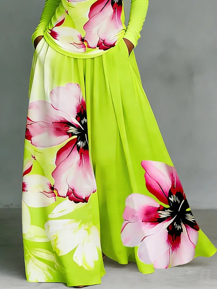 UOOZEE Women's 2 Piece Sets Floral Printed Long Sleeves Tops & Pleated Elastic Waist Wide Leg Pants Boho Vacation Matching Set