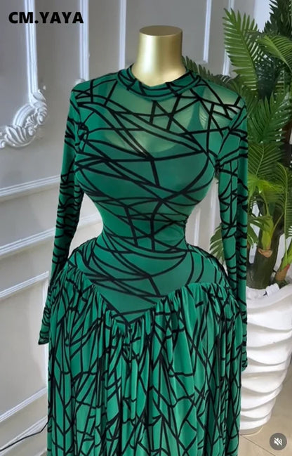 CM.YAYA Robe longue maxi imprimée à manches longues et col rond pour femme 2026, pour soirée, anniversaire, vacances, fête sexy, club, Vestidos