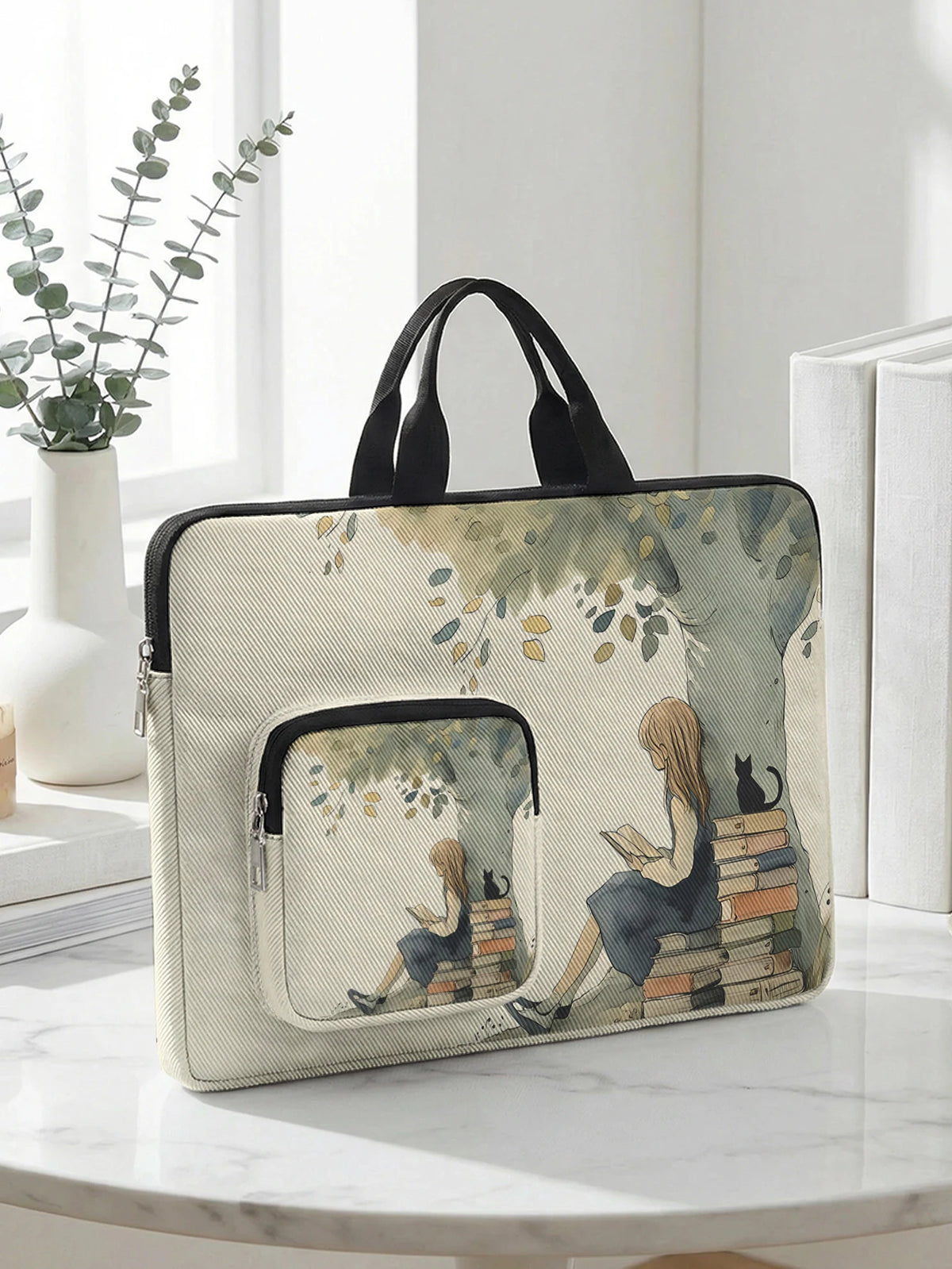 Vintage Reading Girl Black Cat Laptop Handbag With Extra Pocket Shockproof Notebook Case For 13-15.6 Inch Laptops