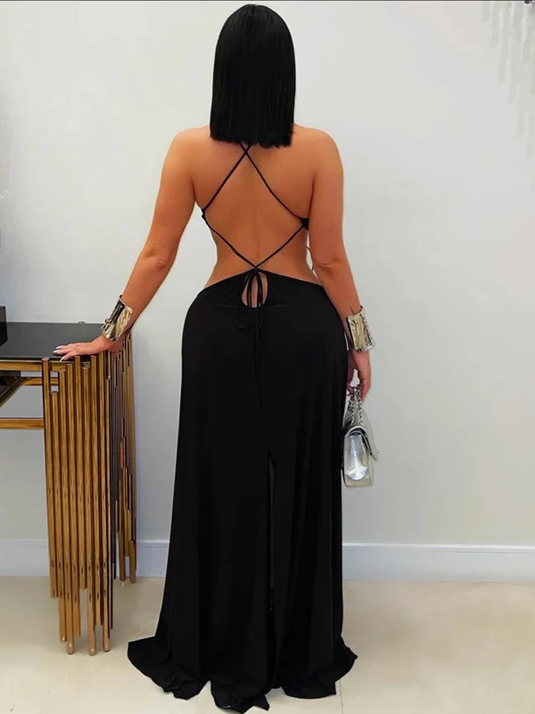 Beyprern Robes longues évidées à anneaux métalliques pour femmes, mode sans dossier, bandage, robes de vacances, tenues de vacances, vêtements de club sexy