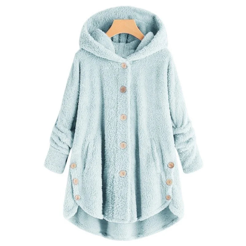 New Fashion Autumn Winter Women's Solid Button Coats Ladies Warm Teddy Bear Loose Outwear Female Plush Coat Hooded Plush Jackets