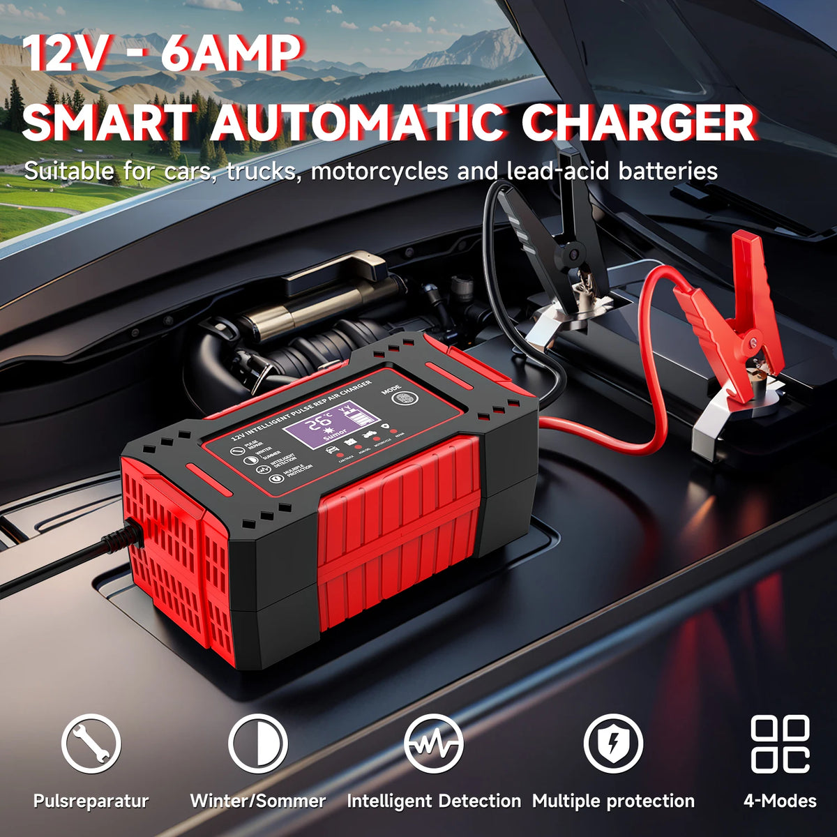 Chargeur de batterie de voiture intelligent 6A 12V avec écran LCD, unité de charge pour batteries de voiture et de moto, batterie au plomb-acide