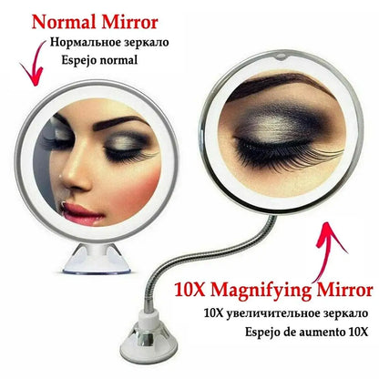 Miroir de Maquillage Flexible Col de Cygne avec Lumière LED Miroir Grossissant 10X Ventouse Lumière Diffuse Brillante et Pivotant à 360 Degrés