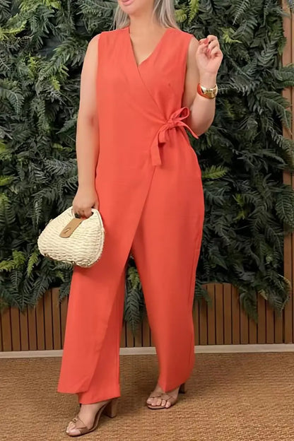 Combinaison décontractée femme Col en V sans manches Combinaison à lacets pour femme Mode Bureau Vacances Vêtements femme Combinaisons Été Nouveau