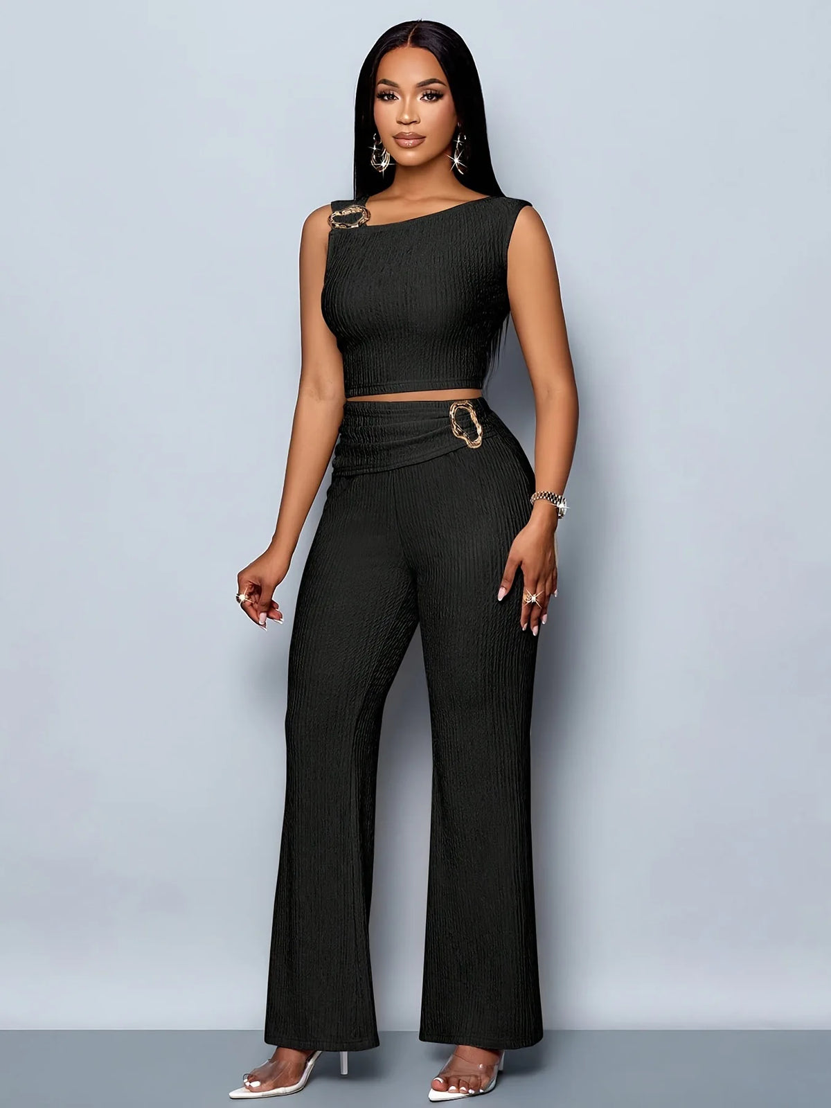Women's 2-Piece Casual Set: Stylish Sleeveless Cropped Top with Metal Buckle Detail and Long, Loose Wide-Leg Pants