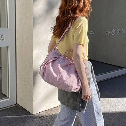 Big Drawstring Bucket Shoulder Bags For Women Nylon Fabric Lightweight Large Capacity Shopper Totes Pure Color Practical Handbag