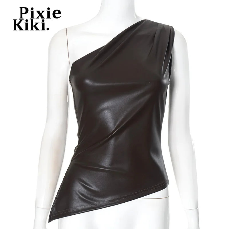 PixieKiki Fashion T-shirts sans manches en cuir synthétique, fermeture éclair latérale, hauts asymétriques à une épaule, vêtements pour femmes automne 2024 C85-CA12