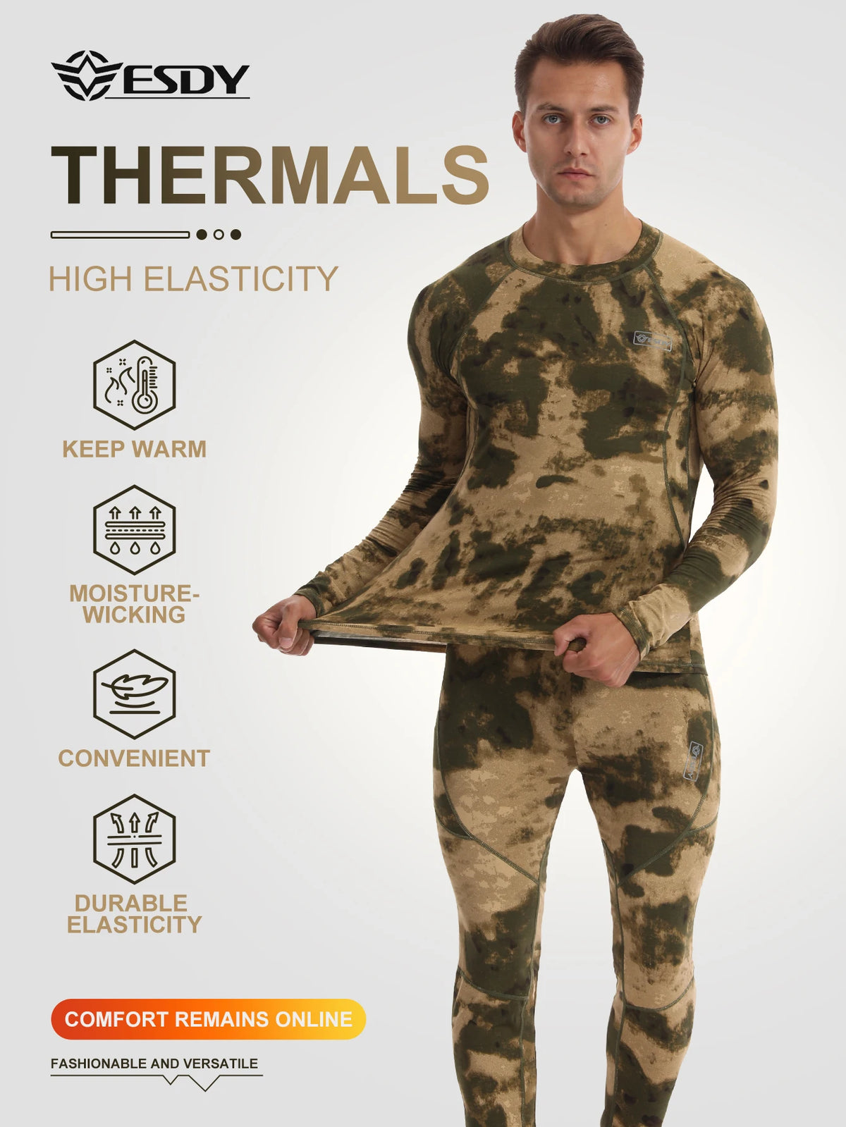 Esdy 1 Set of Men's Thermal Compression Clothing Set, Autumn and Winter Outdoor Thermal Underwear Set, Polar Hunting Cold-Proof Long-Sleeve Underwear and Pants, Suitable for Skiing, Mountaineering, and Rock Climbing