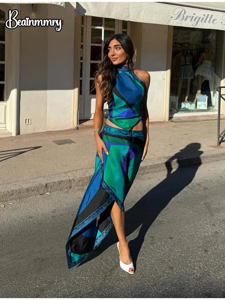 Irregular Satin Print Suit Women Halter Neck Lace Up Tank Top Midi Skirt 2 Pieces Set 2026 New Lady Summer Casual Vacation Wear