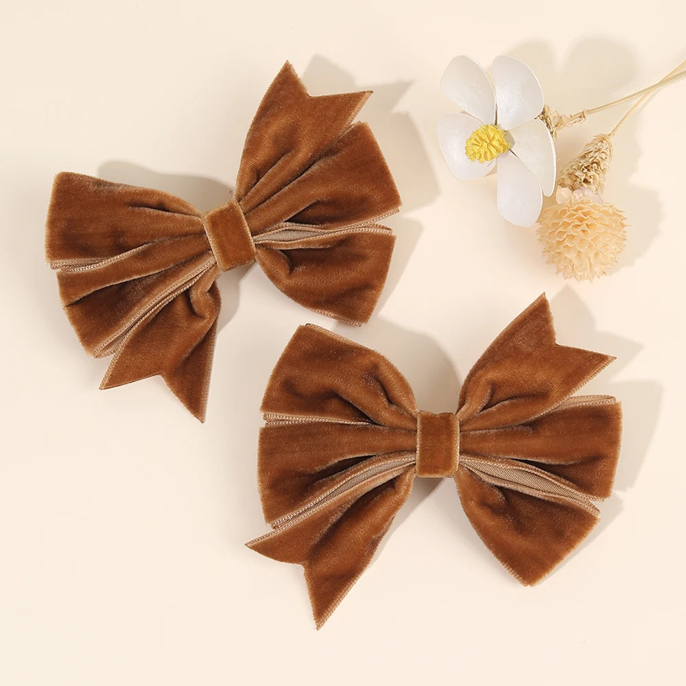 2Pcs Solid Velvet Bow Hair Clips Sweet Vintage Handmade Bownot Hairpins For Girls Children Fall Winter Headwear Hair Accessories