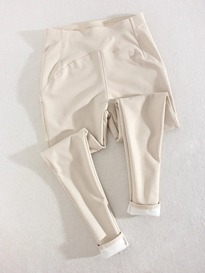 Winter Thin Fleece Pu Leather Leggings For Women High Waist Stretch Basic Faux Leather Pants Velvet Black PU  Warm Legging Women