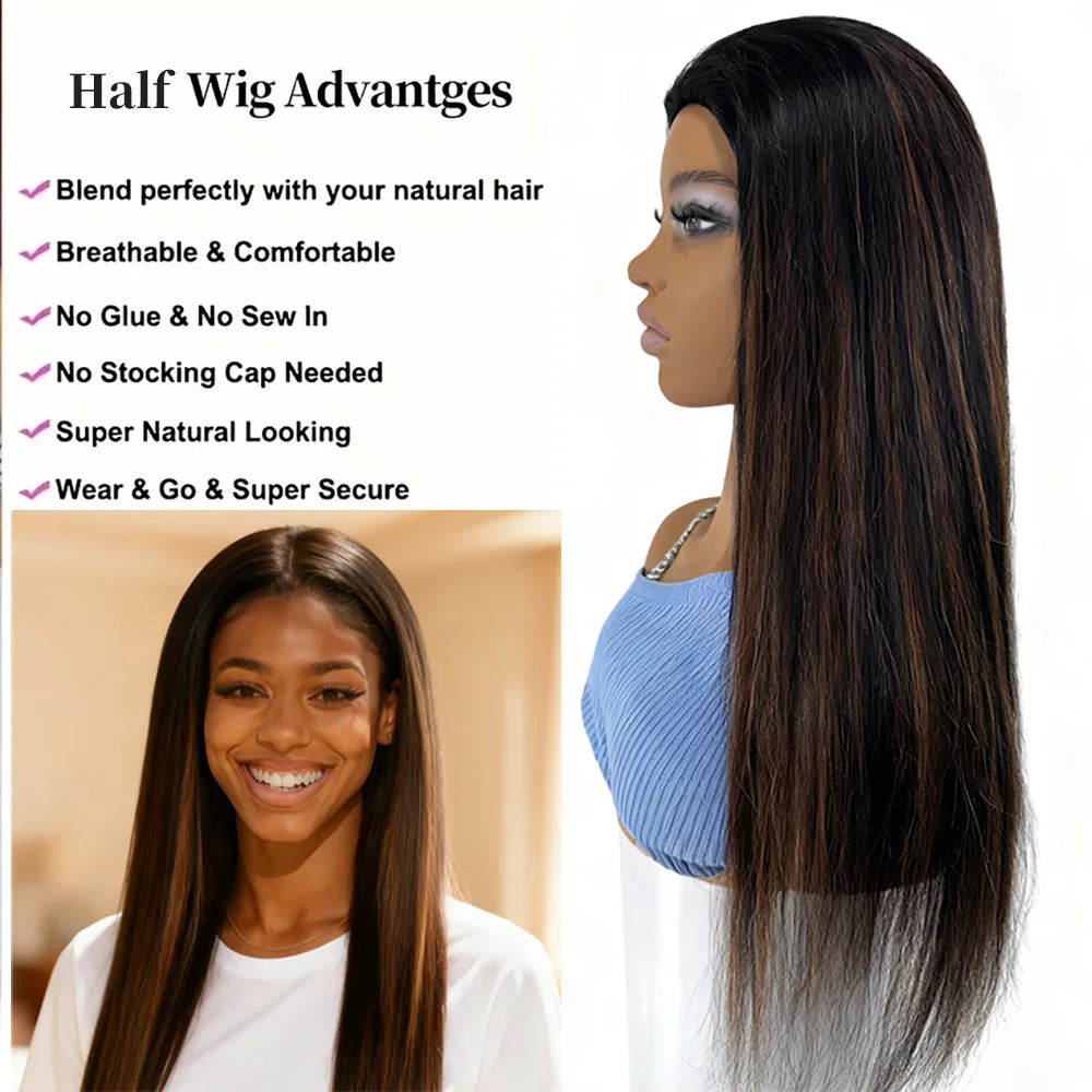 Machine Made Human Hair Half Wig Human Hair with Drawstring - Seamless Flip Over Wig, 1B/30 Color Straight Hair, 3-in-1 Design