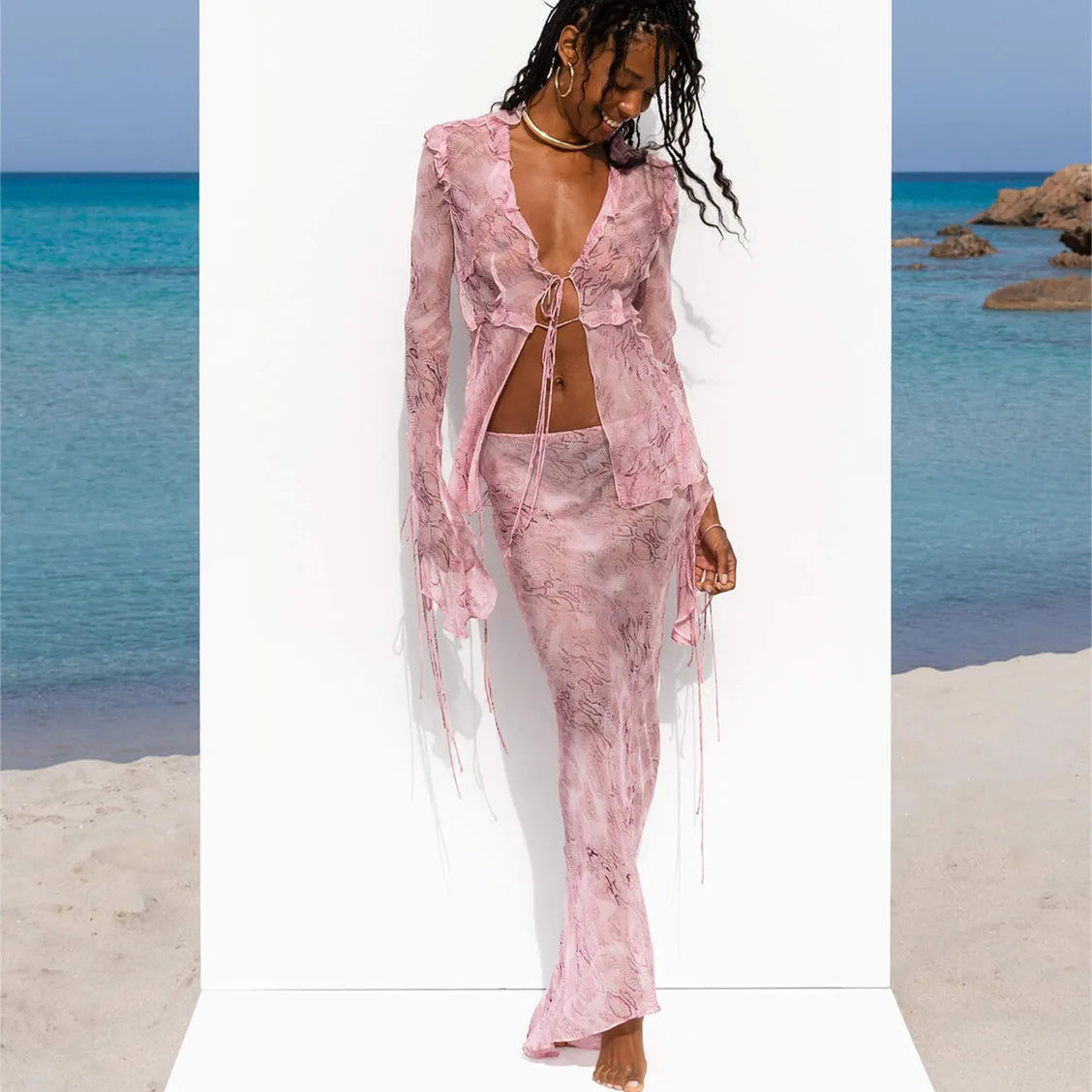 Hirigin Chic Women 2 Piece Long Skirt Sets Sexy Floral Crop Cami Top Low Waist Bodycon Ruffle Maxi Skirt Summer Beachwear