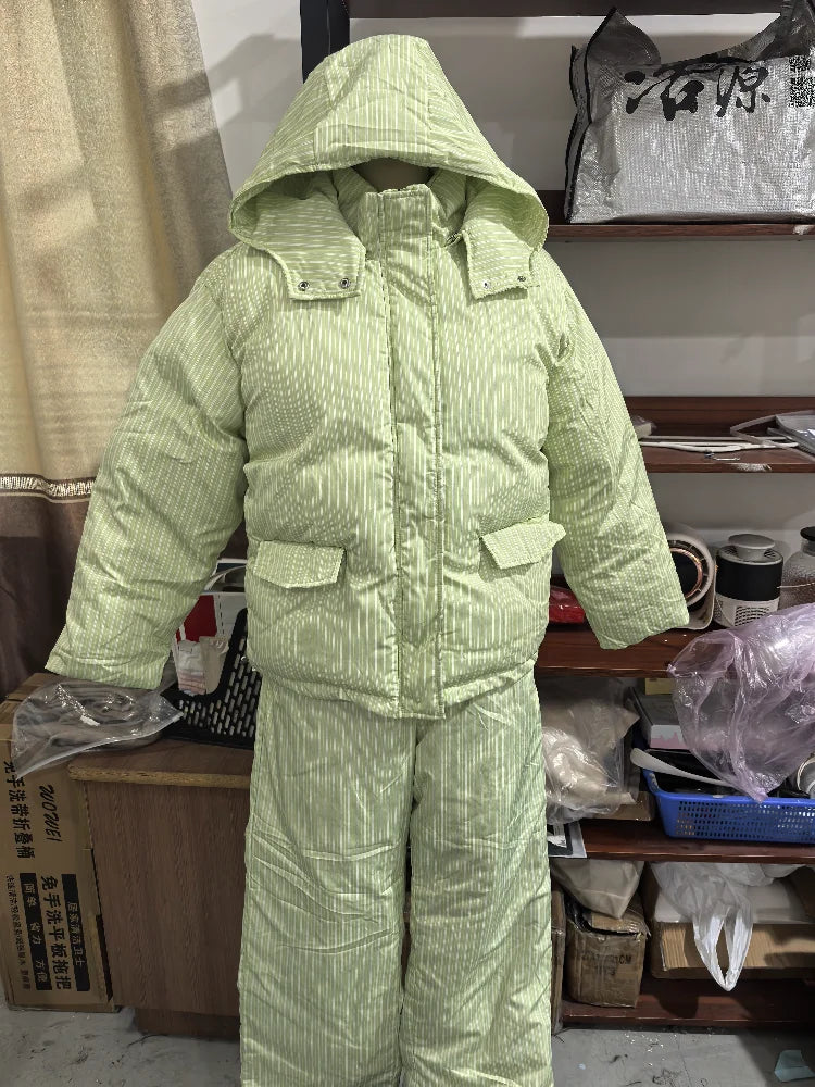 Women Winter Matching Set Multi Color Options Vertical Stripe Hooded Cropped Puffer Jacket Baggy Wide Leg Pants Warm Outfit Sets