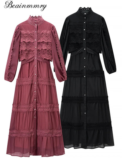 Robes longues évidées pour femmes, manches lanternes, laçage, perles, boutonnage simple, Vestidos, printemps, couleur unie, robe élégante 2026
