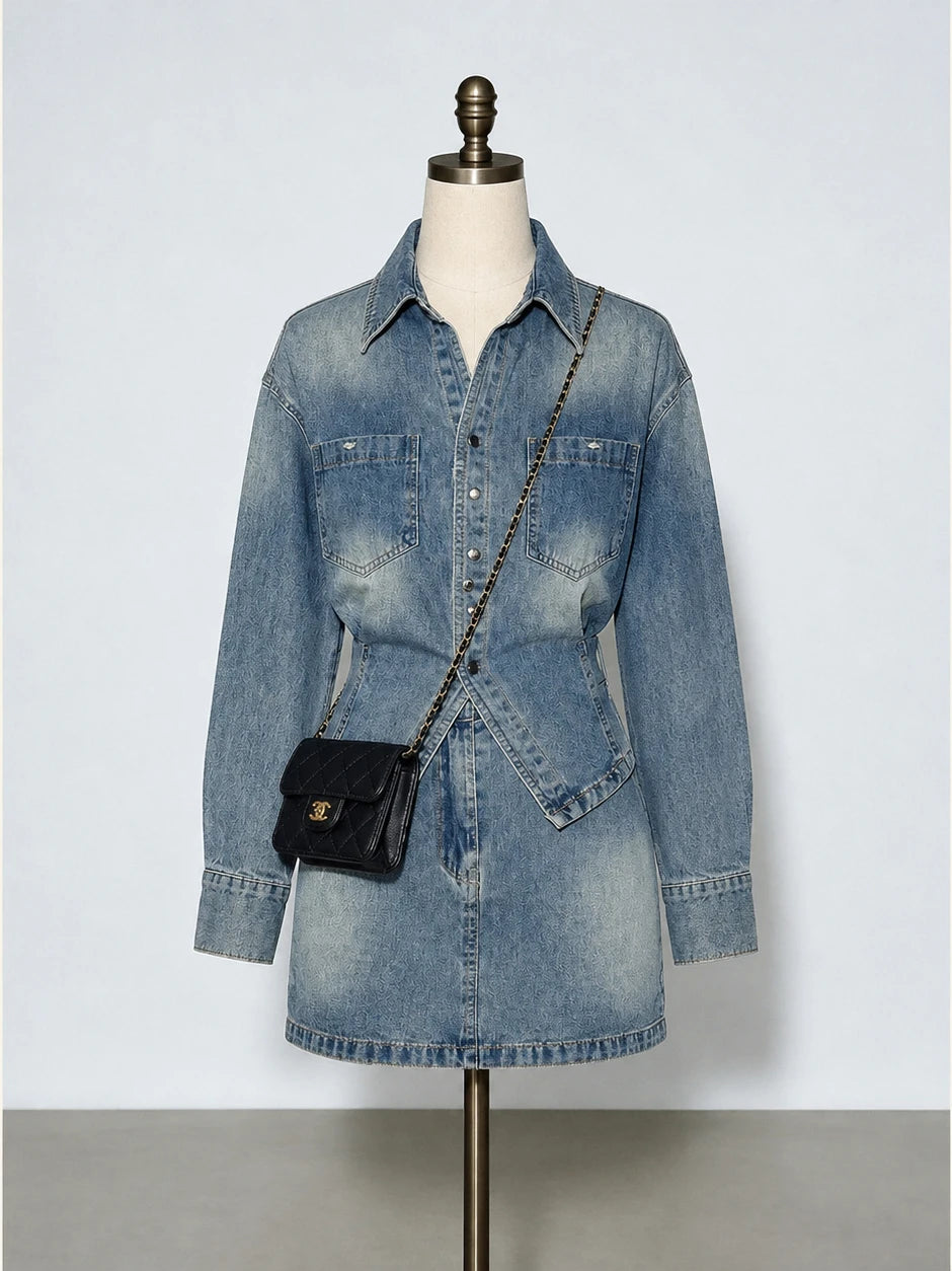 Women Y2K 2 Piece Denim Outfits Casual Denim Jacket Coat + Mini Skirt Retro Korean Fashion Jean Two‑Piece Suit Streetwear Sets