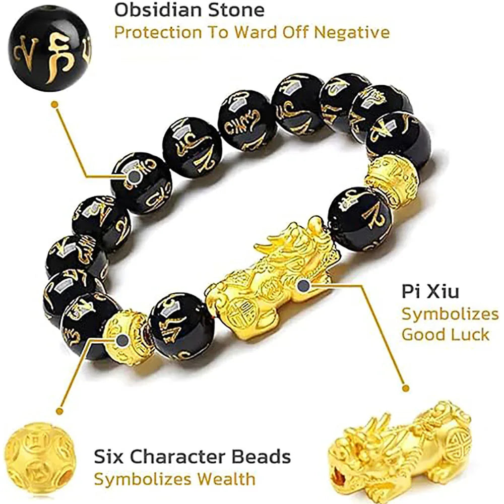 Bracelet Feng Shui de richesse et de chance, bracelet Pixiu Feng Shui en obsidienne noire, prospérité, perles Bouddha, bracelet élastique