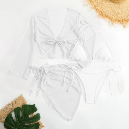 Ensembles de bikinis micro string roses pour femmes 4 pièces avec hauts en maille et jupe maillot de bain tenues de plage biquini