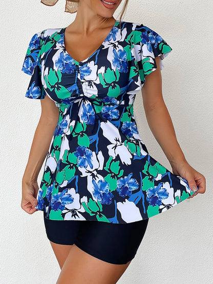 Two Piece Swimsuit Women 2026 Printed Tankini Set Tie Front Drawstring Swimwear Female Bathing Swimming Suit Beachwear Summer
