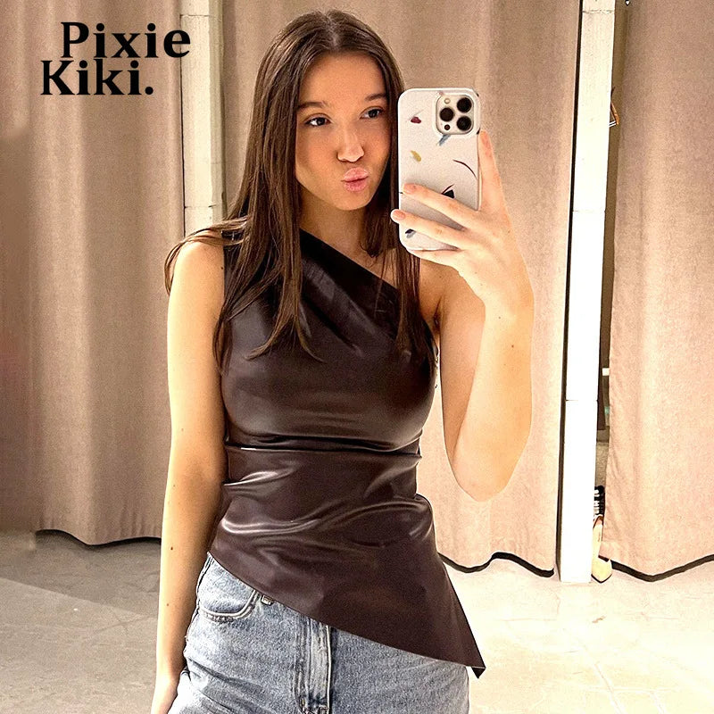 PixieKiki Fashion T-shirts sans manches en cuir synthétique, fermeture éclair latérale, hauts asymétriques à une épaule, vêtements pour femmes automne 2024 C85-CA12