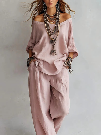 Women's 2 Piece Outfit Casual Loose Off Shoulder Long Sleeve Top & Wide Leg Pants Set Elegant Solid Color  Matching for Summer