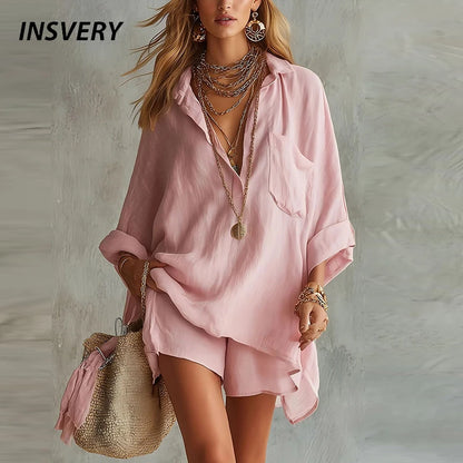 Spring Summer Long Sleeve V Neck Shirt Blouse High Waist Loose Shorts Suit Women Casual Two Piece St Comfortable Female Outfits