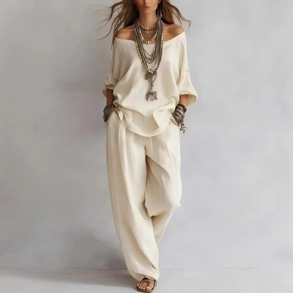 Women's 2 Piece Outfit Casual Loose Off Shoulder Long Sleeve Top & Wide Leg Pants Set Elegant Solid Color  Matching for Summer
