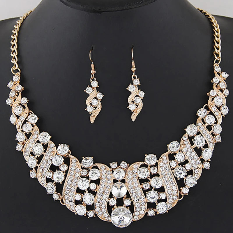 Ensemble de bijoux de mariée romantique 2 pièces/parure, ensemble de bijoux de mariée en cristal brillant, collier et boucles d'oreilles pour femmes