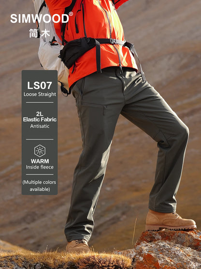 SIMWOOD 2026 Autumn New Loose Straight Soft Shell 300gsm Warm Fleece Lined Pants Casual Plus Size Outdoor Trousers
