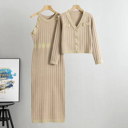 Ensembles de robes de style français pour femmes, taille haute, deux pièces tricotées, pull, robe débardeur et manteaux, mode élégante printemps-automne
