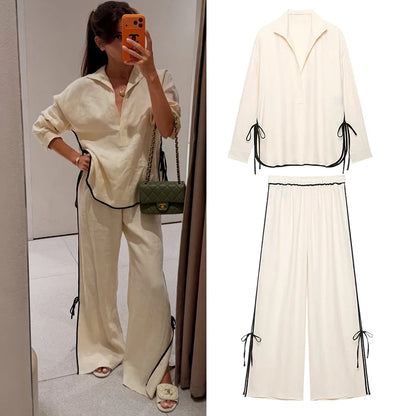 Women's Two Piece Set, Lapel V Neck Blouse with Tie Cuffs and Wide Leg Pants, Casual Trim Detail Outfit